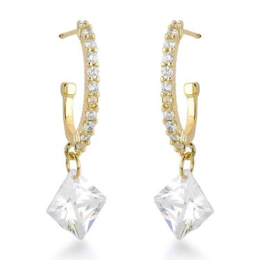 Imagem de Brincos Argola Tarraxa Zirconia Quadrada Banhado A Ouro 18k