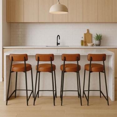 Imagem de Banqueta Cozinha Alta com Encosto Industrial Preto Kit 4 Londres PU No