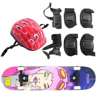 Imagem de Skate Semi Pro + Kit Proteção Completo Estampa Doce Belfix, Vermelho