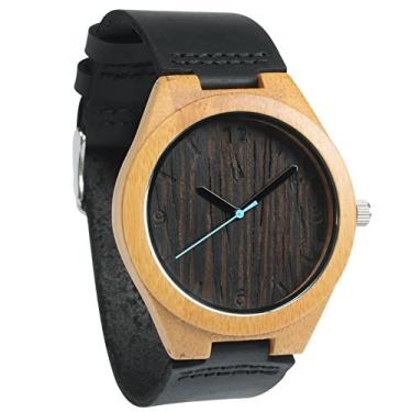 Imagem de Treehut Relógio masculino de bambu Wenge de madeira com pulseira de couro preto genuíno