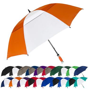 Imagem de Guarda-chuva de golfe StrombergBrand "The Vented Typhoon Tamer" com dossel ventilado - resistente ao vento, estojo de transporte, Laranja/branco, One Size, Guarda-chuva de golfe à prova de vento à prova de vento à prova d'água PGA guarda-chuva de golfe de qualidade profissional Ultimate portátil gol