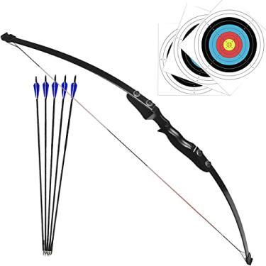 Imagem de Kit Arco e Flecha Profissional Recurvo Empunhadura Destro de Madeira Preta Força de 40lbs + 5 Flechas com Ponta de Alumínio Para Tiro ao Alvo Treino Campeonato Treinamento Iniciante