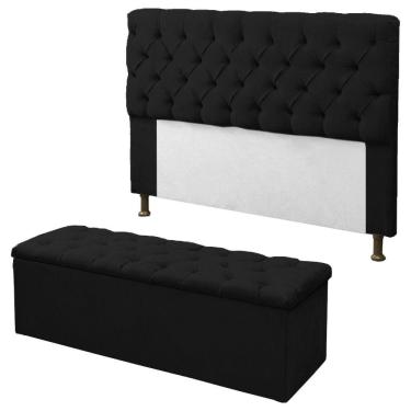 Imagem de Kit Cabeceira + Calçadeira Baú Sofia Queen 160cm Corino Preto - LM DECOR