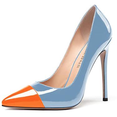 Imagem de WAYDERNS Sapatos femininos de salto alto stiletto de couro envernizado de ponta fina para festas de casamento 4,7 cm, Laranja, azul claro, 6