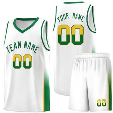 Imagem de Personalize seu próprio time basquete jersey e shorts uniforme esportivo personalizado com logotipo número de nome para homens jovens, Branco, amarelo e verde - 56, One Size