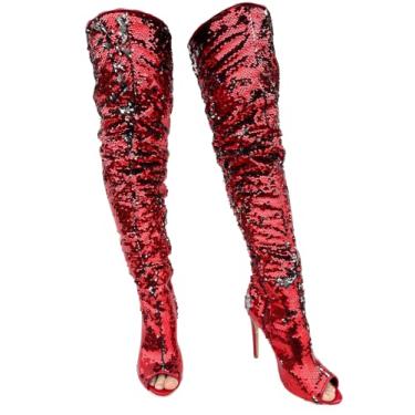 Imagem de Frankie Hsu Botas longas sexy unissex stiletto acima do joelho altura da coxa, lantejoulas vermelhas prateadas brilhantes faísca bonito moda estilo clube, sapatos de salto punk grande tamanho grande