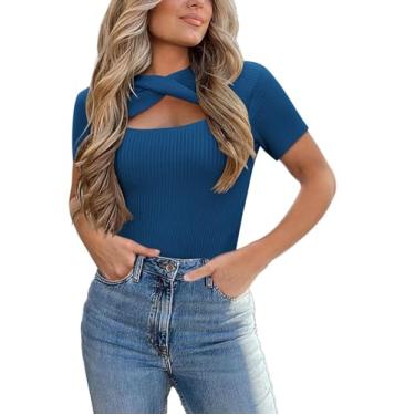 Imagem de Zeagoo Camisetas femininas de manga curta 2024 verão casual malha slim fit moderno básico suéter bonito tops, Azul marinho, G