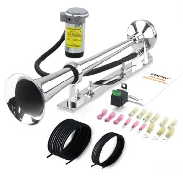 Imagem de GAMPRO Buzina pneumática de 12 V 150 DB com kit de suporte de montagem, 45 cm, cromo, zinco, trompete, buzina de ar com kit de compressor para qualquer veículo de 12 V, caminhões, trens, barcos,