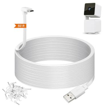 Imagem de weishan Cabo de extensão de energia de 15 m compatível com câmera de segurança Wyze Cam Pan v3 – Cabo de carregamento de 90 graus USB plano de 15 m para micro USB em forma de L, branco