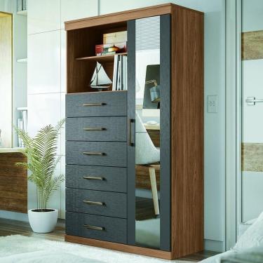 Imagem de Cômoda Multiuso 1 Porta 6 Gavetas Com Espelho Marabá Santos Andirá Jatoba-grafitte