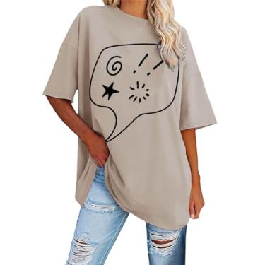 Imagem de Camisetas femininas de verão com estampa de graffiti, manga curta, gola redonda, casual, larga, blusa tnic, Caqui, G