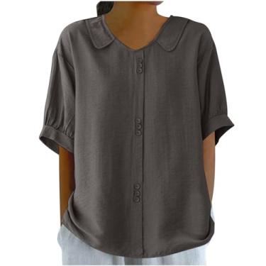 Imagem de Túnica feminina de algodão e linho de manga curta camisetas casuais soltas com gola de cor sólida confortáveis blusas básicas de outono, Cinza, M