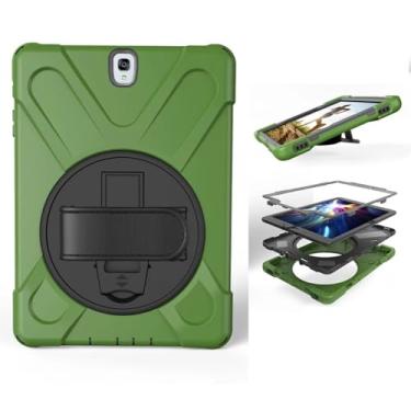 Imagem de Capa de silicone com suporte e alça de pulso giratória, segura para crianças, à prova de choque, para Samsung Galaxy Tab S3 SM-T820 T825 9,7 polegadas + caneta (verde militar)