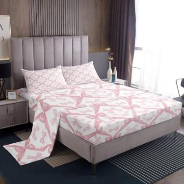 Imagem de Manfei Jogo de lençol Queen com laço rosa, kawaii, laço e patchwork, sonhador, para adultos, tema de conto de fadas de princesa, lençol com elástico, 2 travesseiros