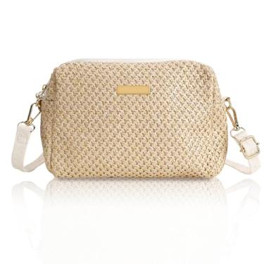 Imagem de DODAMOUR Bolsas transversais de palha para mulheres, bolsas de ombro de tecido, bolsas de praia, bolsa tiracolo para celular, carteira para viagens de férias (damasco), Damasco