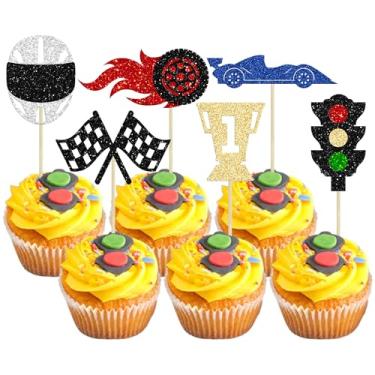 Imagem de Gyufise 24Pcs Race Car Cupcake Toppers Glitter Traffic Light Wheel Trophy Flag Helmet Racing Car Cupcake Picks for Let's Go Racing Sports Baby Shower Boys Birthday Party Cake Decorations Supplies