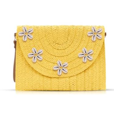 Imagem de QTKJ Bolsa transversal de palha para mulheres, bolsas de mão, bolsa de palha de enfeite de concha, bolsas de tecido boêmio feitas à mão, bolsa de praia de verão envelope carteira (amarela), Amarelo,