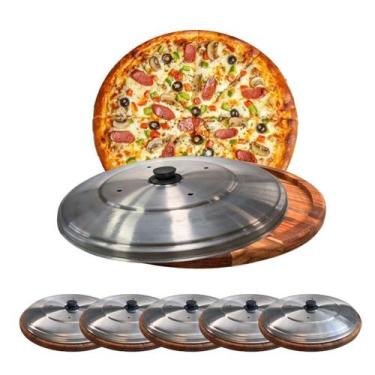 Imagem de Kit 5 Suportes Bandeja Para Cortar E Servir Pizza 30Cm Com Tampas - Br
