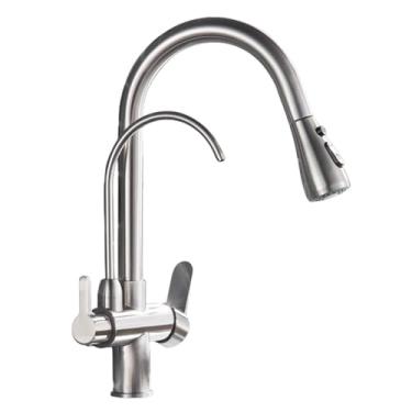 Imagem de Torneira de cozinha com filtro de água 2 em 1, torneira de purificação de cozinha retrátil de latão antigo, torneira giratória de 2 vias, níquel escovado B
