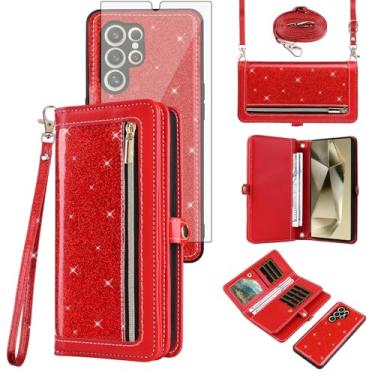 Imagem de Asuwish Capa de celular para Samsung Galaxy S24 Ultra 5G Carteira com zíper destacável com protetor de tela de vidro temperado Alça Bling Glitter Flip porta-cartões S24Ultra 24S S 24 24Ultra feminina