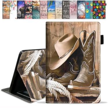 Imagem de Capa para tablet Amazon Kindle Fire HD 10 (9ª/7ª geração, versão 2019/2017) - Capa de couro PU premium com hibernação automática para tablet Fire de 10,1 polegadas, botas e chapéu de cowboy ocidental