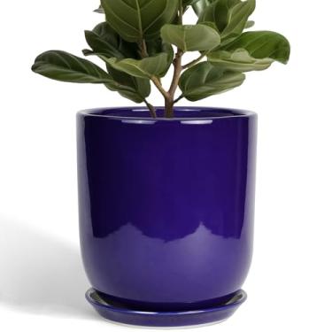 Imagem de SUNPOTFOR Vaso de plantas de 25,4 cm - Vaso de cerâmica para plantas de interior, vaso de flores grande moderno ao ar livre com orifício de drenagem e pires para decoração de pátio de casa, azul