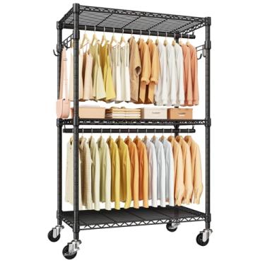 Imagem de ULIFHOME P1 Suporte de roupas com rodinhas com rodas trancáveis, guarda-roupa resistente para pendurar roupas, armazenamento e organizador portátil de roupas, 90 cm L x 39 cm P x 204 cm A, comporta