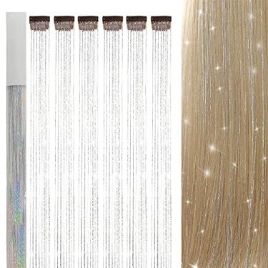 Imagem de Kit de extensões de tinsel de cabelo resistente ao calor, 48 cm prata glitter Fairy Tinsel para cabelo com 6 pacotes, acessórios de extensão de tração de cabelo brilhante para mulheres meninas