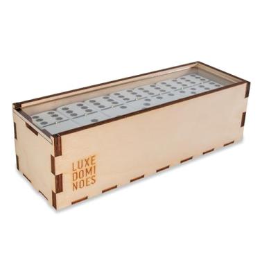Imagem de PBOX Deluxe Modern Domino Set Double Six, with Jumbo Sized Tournament Dominoes Black and White Two Toned with Spinner (Rivets) in Wood Box with Acrylic Top (Clear)