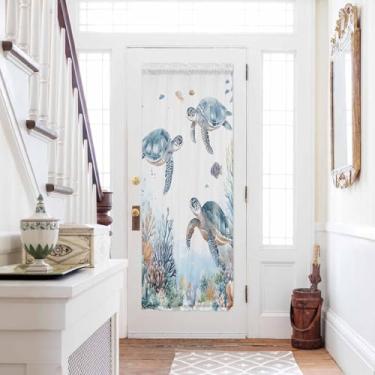 Imagem de Cortina de porta tartaruga marinha 63,5 cm L x 183 cm C Oceano Coral Peixes Cortinas de janela de porta cortinas de filtragem de luz para porta janela cortinas de luz lateral para porta francesa sala