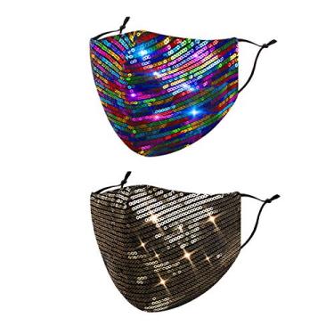 Imagem de 2 máscaras faciais de lantejoulas com bolso de filtro, máscara de tecido brilhante com alças ajustáveis para orelhas, máscara de baile de máscaras para mulheres, ouro/arco-íris, 2 count (Pack of 1)