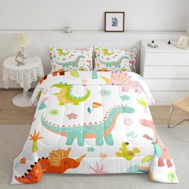 Imagem de jejeloiu Conjunto de cama casal com desenho animado de dinossauro, fofo, para meninos e meninas, adolescentes, conjunto de edredom de flores fofas, conjunto de colcha de animais, 3 peças