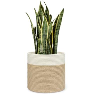 Imagem de Dahey Cesta de plantas de corda de algodão emendada de juta moderna cesta de armazenamento de tecido para plantador interno de 30,5 cm, capa decorativa de vasos de flores, cesto de roupa com alça