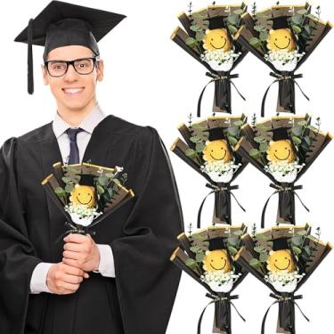 Imagem de Zeyune 6 peças de buquê de girassol de crochê para graduação 2025 pequeno feito à mão com touca de formatura floral artificial com acabamento falso buquê para festa de formatura