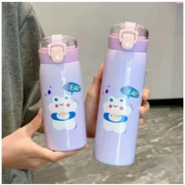 Imagem de Garrafa Térmica Infantil em Aço Inox com Canudo - Estampa Animais 350ml (Lilás)