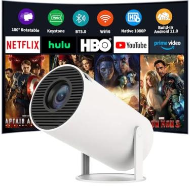 Imagem de Olymmons Mini projetor portátil com WiFi 6 e Bluetooth 5.0 Smart Projector 1080p suporta projetor de filmes 4K Decode embutido Android 11.0 para Home Theater, compatível com smartphone/tablet/laptop