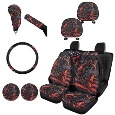 Imagem de FKELYI Conjunto completo de capas de assento de carro Wolf para homens, bandeira americana, protetor de assento antiderrapante com porta-copos para copos, capa de câmbio de marchas e capa de freio de
