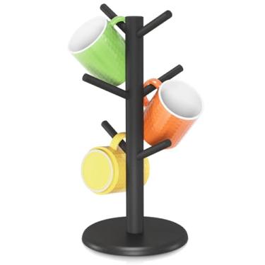 Imagem de EsLuker.ly Suporte de caneca de árvore, expositor de copos de café de bambu com 6 ganchos para balcão de cozinha em casa, organizador de estação de suporte de caneca de madeira, preto, um item