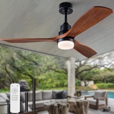 Imagem de XINGSIYUELYX Ventilador de Teto de Madeira de 52 '' com Luzes e Controle Remoto, Lâmina de Ventilador de 3 Nogueiras e Motor Cc de 6 Velocidades, Ventilador de Teto Interno Externo para Pátio, Quarto,