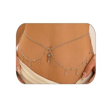 Imagem de Corrente sexy de praia para mulheres, contas de borla de camada dupla, corrente corporal de verão à prova d'água com corrente de umbigo com corrente de barriga ajustável de strass para biquíni para