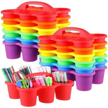 Imagem de Pacote com 12 organizadores de sala de aula com alça de plástico colorido, suporte para copos para bebidas, armazenamento de 30 x 23 x 9 cm, material escolar, 6 compartimentos para lápis de mesa