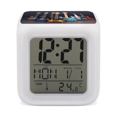 Imagem de RTFGHJS Despertador legal guitarra elétrica despertador colorido pequeno visor LED despertador digital relógio compacto relógio eletrônico para quartos cabeceira mesa prateleira tamanho único