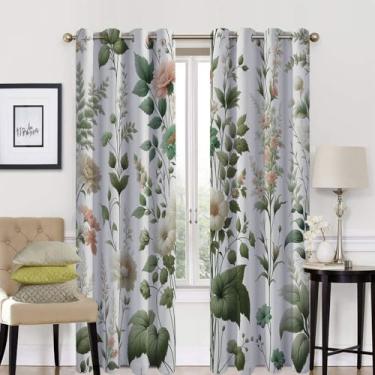 Imagem de Cortina blecaute verde 90%, temática vintage de casa de fazenda floral com folhas de selva em pano de fundo liso, 2 painéis por grupo são usados na sala de estar ou quarto, L 226 x C 236 centímetros