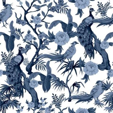 Imagem de Papel De Parede Adesivo Lavável Pavão Azul Floral Flor 12m