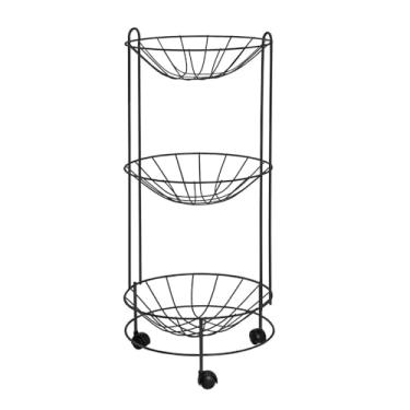 Imagem de Fruteira de Chão Tripla com Rodas Cesto Redondo Preto Organização Cozinha