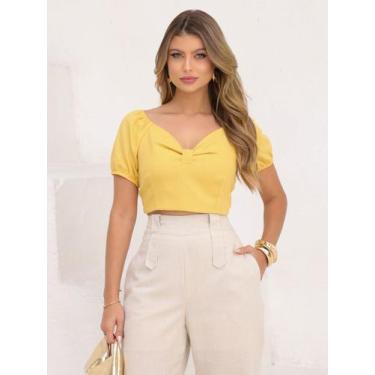 Imagem de Cropped de Linho com Laço nas Costas e Decote Coração - Lumia, Amarelo