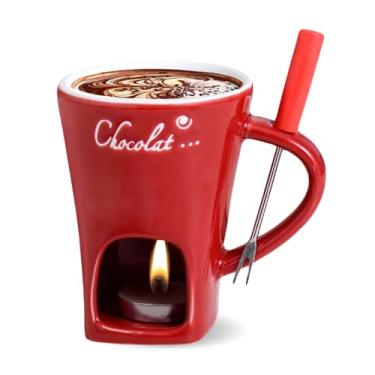 Imagem de Mini copo de fondue doce, caneca aquecedor de café de cerâmica, copo portátil de derretimento de chocolate com garfo para queijo, ótimo para adultos/crianças para acampamento/encontro/noite de cinema