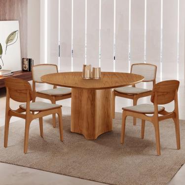 Imagem de Mesa Selene Tampo 135cm Laminado com 4 cadeiras Malta Moderna Mobília - Linho Off / Imbuia Nat.