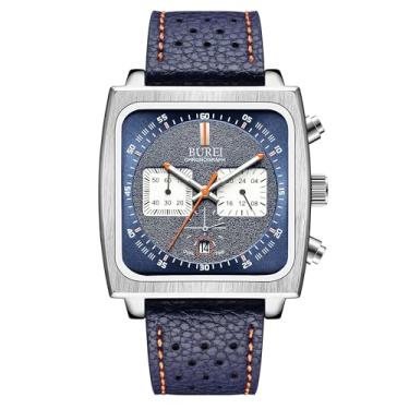 Imagem de BUREI Relógio masculino moderno quadrado cronógrafo/à prova d'água/luminoso/calendário multifunções com pulseira de couro azul