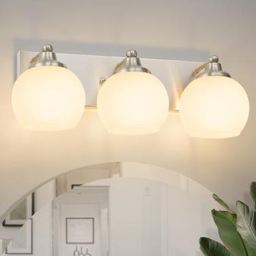 Imagem de Dothan Home Luminárias de banheiro de níquel, luz de penteadeira sobre o espelho, lâmpada de banheiro de níquel escovado com vidro globo fosco (níquel escovado e vidro fosco)